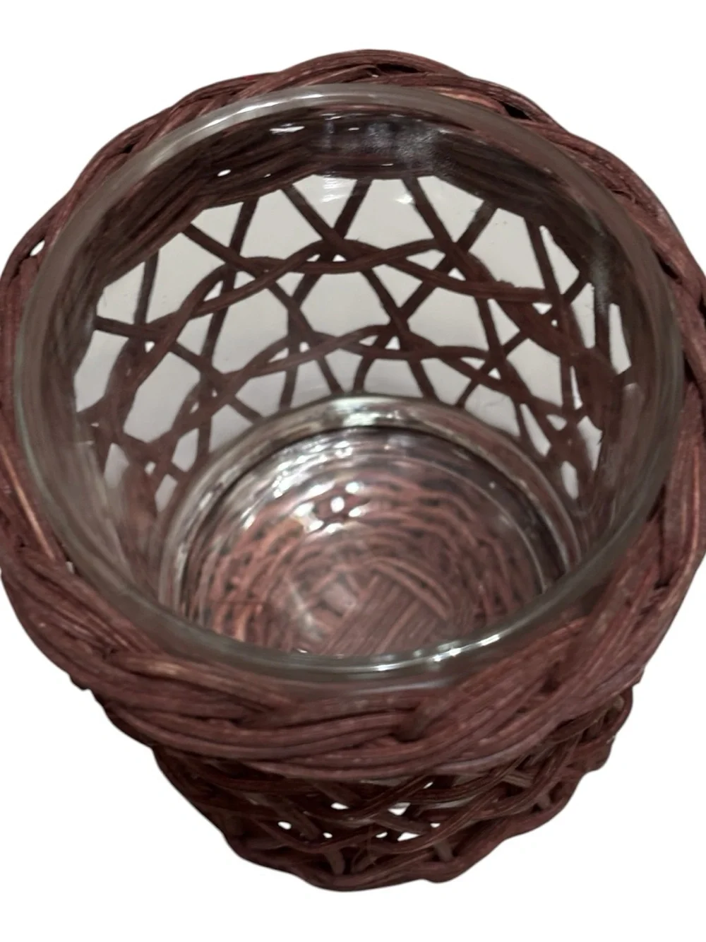 Vintage Rustic Brown Wicker Glass Tea Light Votive Candle Holder Coastal Boho